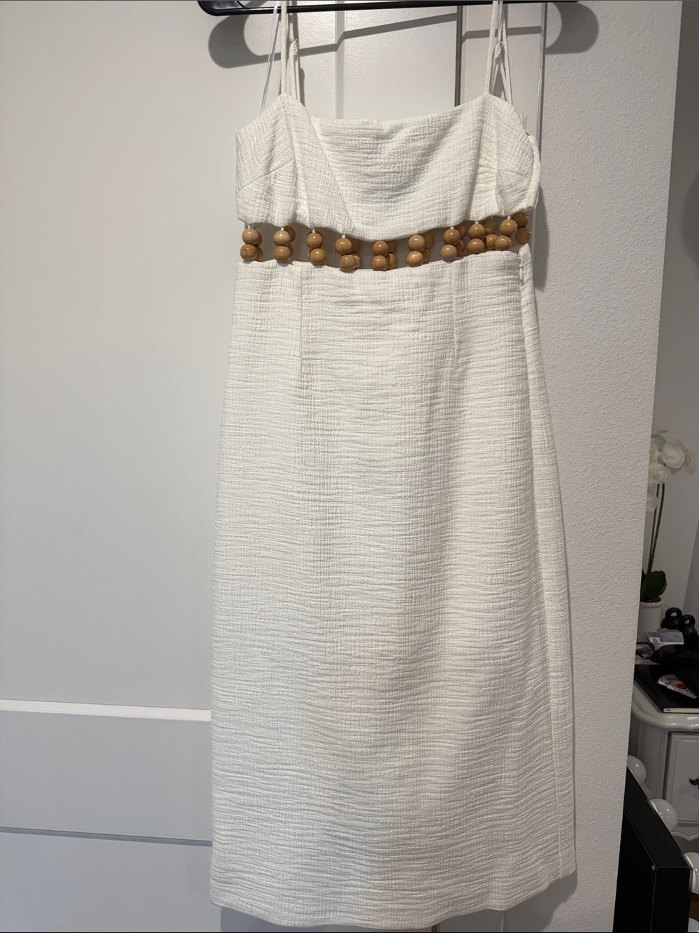 ANTONIO MELANI White Textured Midi Dress with Wooden Bead Waist